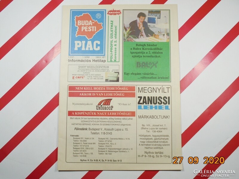 Budapesti Újság Piac - A Fővárosiak Lapja - Régi retro reklám újság - 1993/3. hét