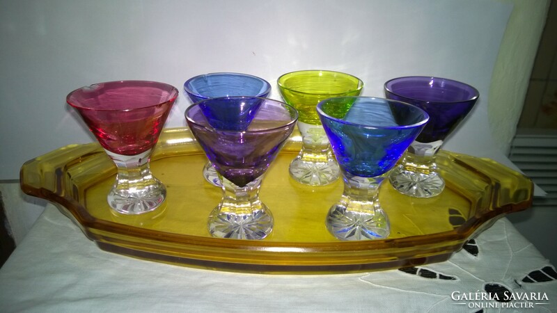 Liqueur set on an art deco tray, multi-colored glasses