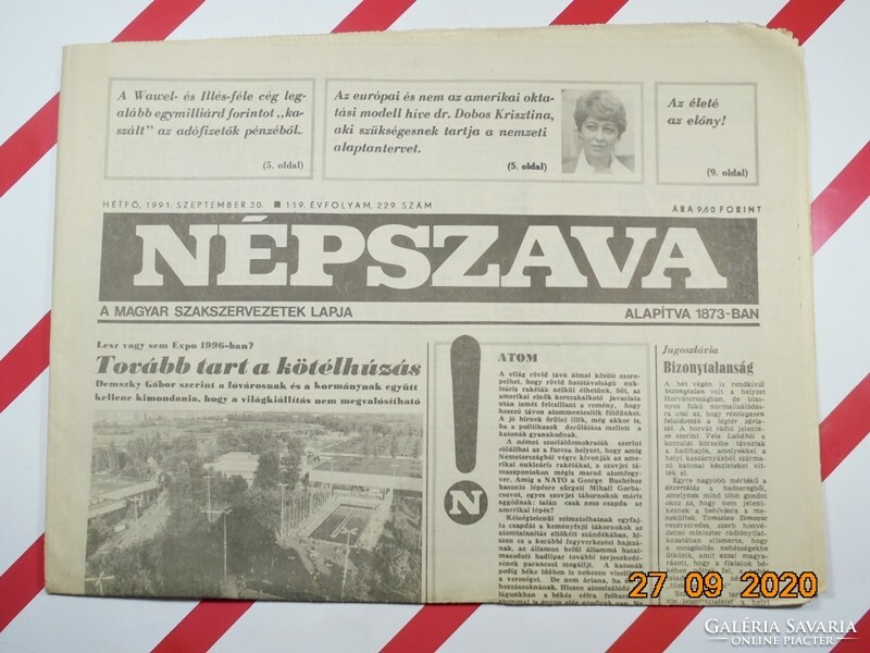 Régi retro újság - Népszava - 1991. szeptember 30.  - A Magyar Szakszervezetek Lapja