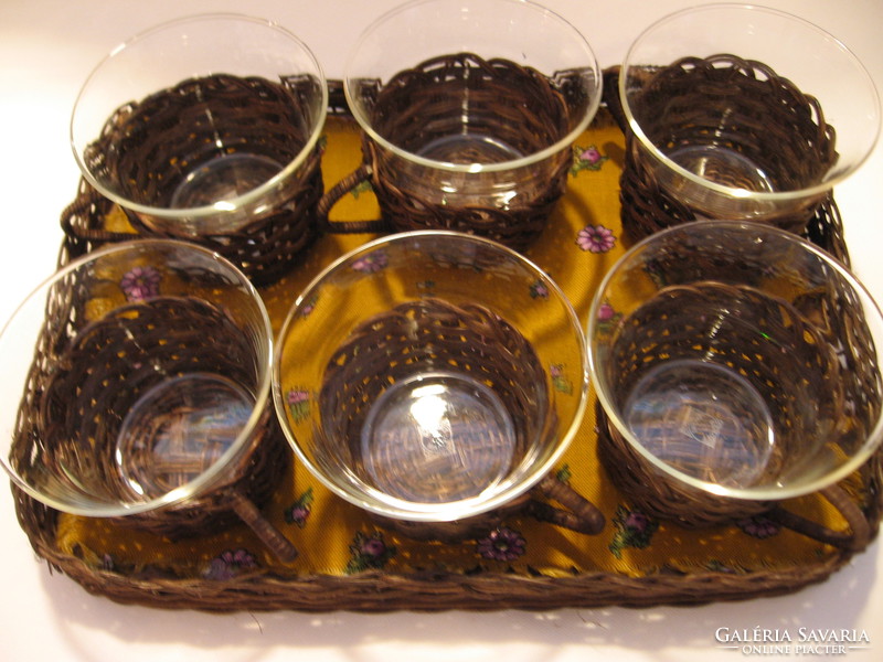 Retro original Jena tea, coffee and mulled wine set in wicker basket holders, with tray