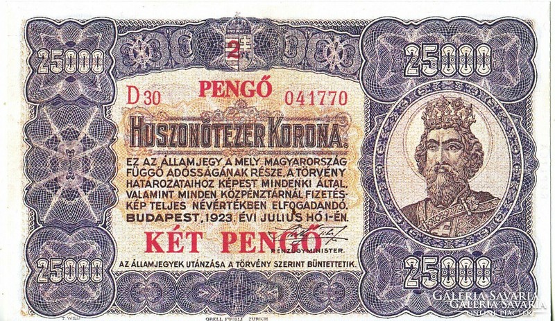 Magyarország 25000 korona / két pengő   REPLIKA 1923 UNC
