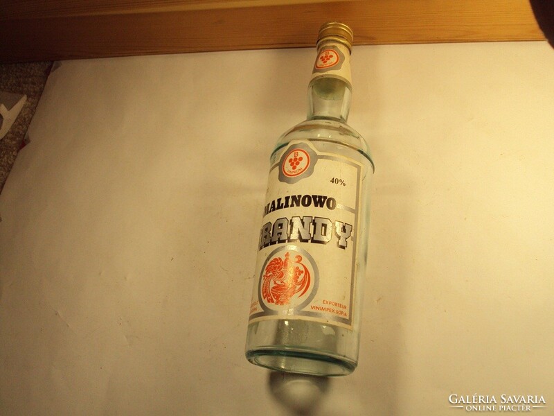 Glass bottle with old paper label - malinowo brandy Bulgarian - 1970s