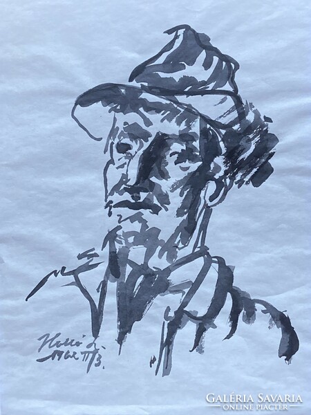 Ink drawing of a man in a raven hat.