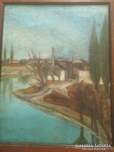 Modern painting landscape with good colors. Town settlement near Rába
