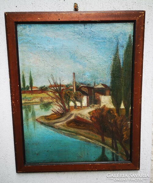 Modern painting landscape with good colors. Town settlement near Rába