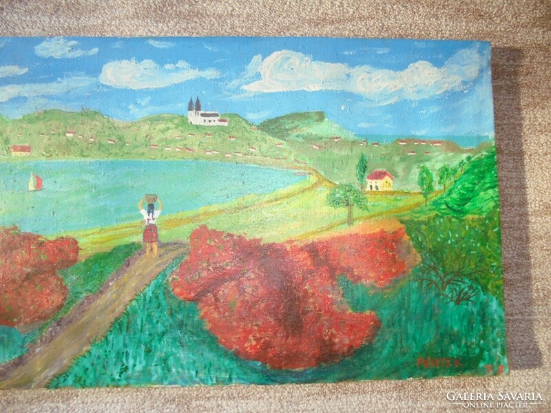 Old oil painting on canvas - Friday 78 with signature - probably Tihany Balaton landscape