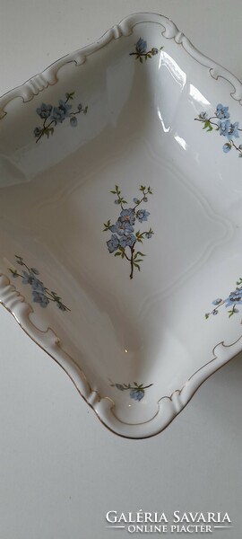 Zsolnay square bowl with gold feathers and blue peach blossoms