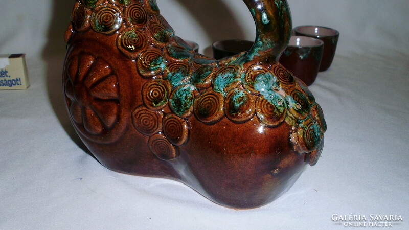 Glazed ceramic drinking set - six glasses with an interesting bird shape spout