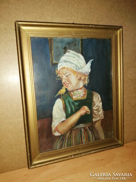 Holland népviseletes kislány antik jellegű festmény, képkeret 30*37 cm