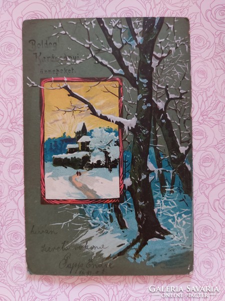 Régi karácsonyi képeslap 1902 dombornyomott levelezőlap havas fák