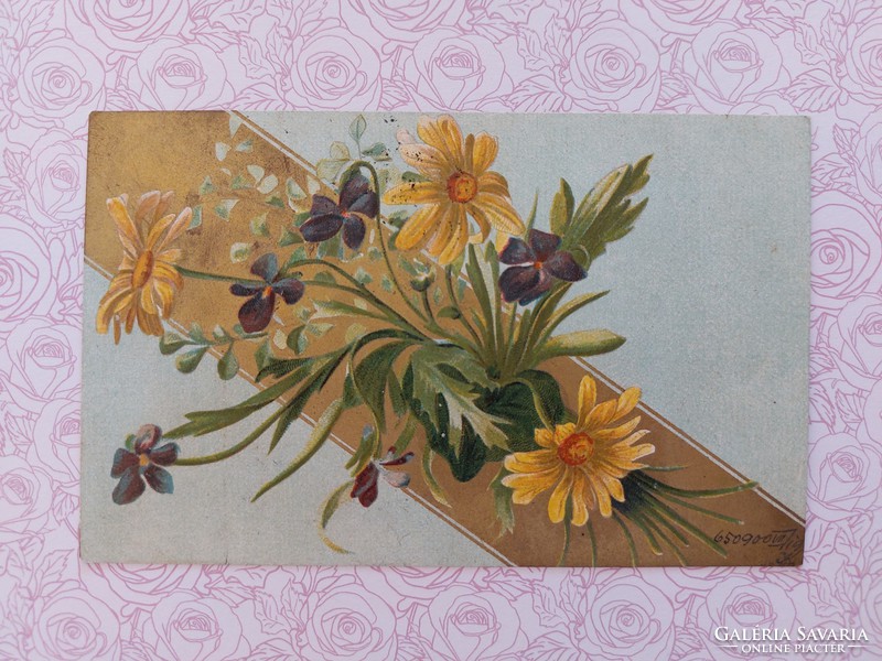 Old postcard 1900 floral postcard with violet daisies