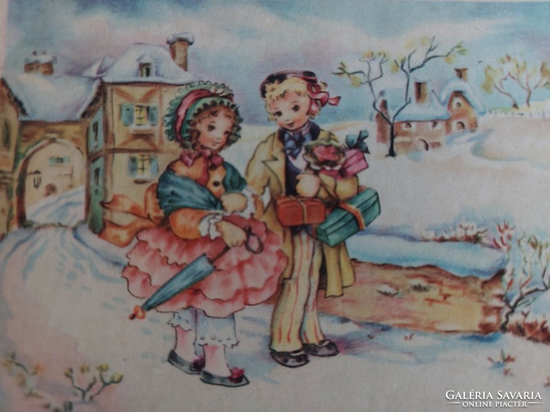 Régi képeslap 1952 levelezőlap gyerekek havas táj