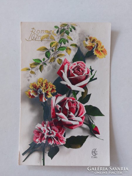 Régi virágos képeslap levelezőlap rózsa szegfű