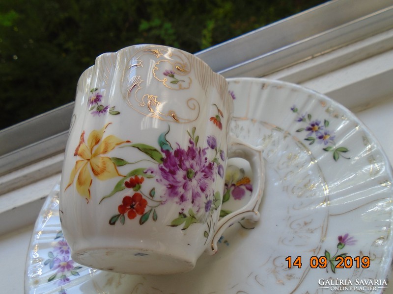 Altwien mark with wavy, ribbed, hand-painted floral chocolate cup saucer