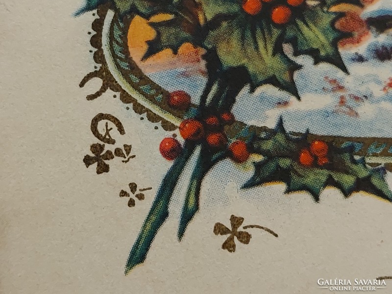 Régi karácsonyi képeslap levelezőlap tájkép növényminta lóhere