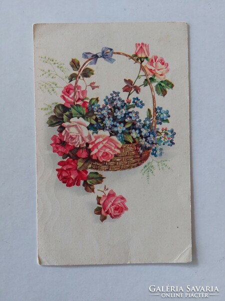 Old postcard floral postcard rose forget-me-not in basket