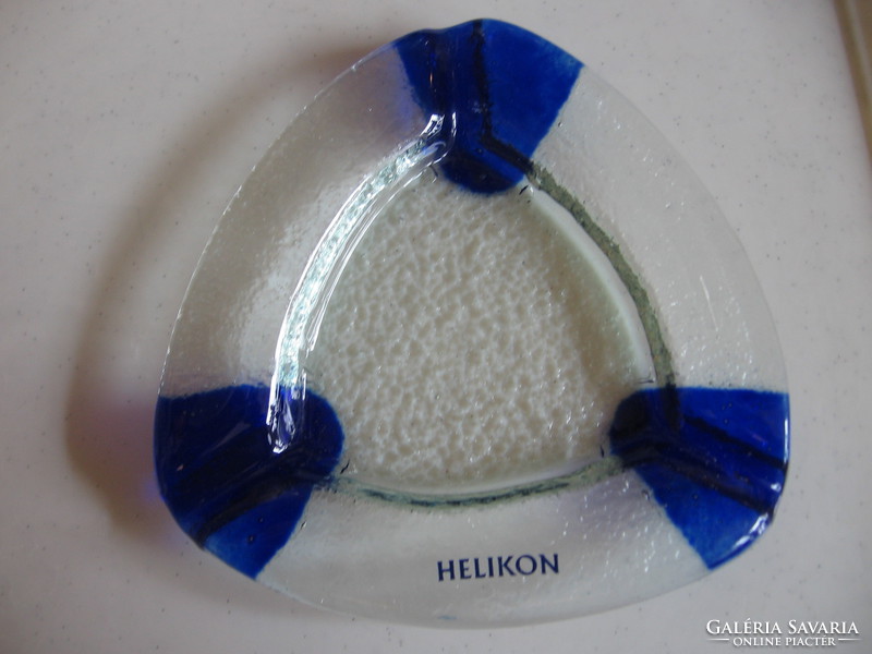 Retro helikon cigarette advertising glass ashtray triangular, cobalt