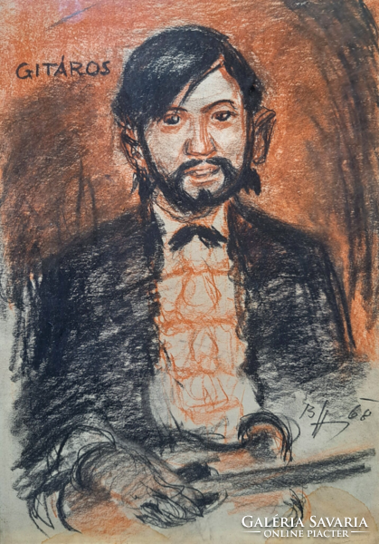 Guitar player - colored pencil drawing (size with frame 33x24 cm) unidentified mark