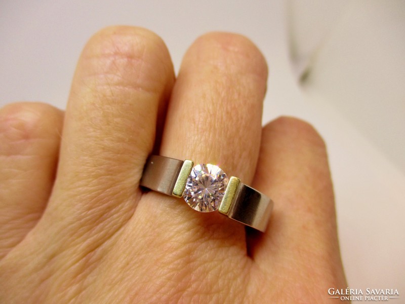 Szép art deco nemesacél és valódi 18kt-os arany gyűrű 