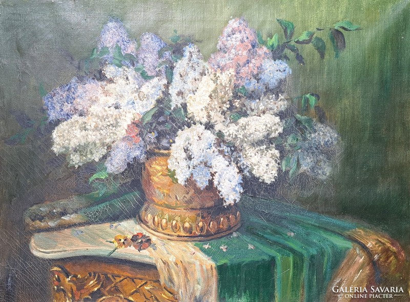 Orgonák - csendélet (olajfestmény vászonra, mérete kerettel 45x35 cm) virágcsendélet