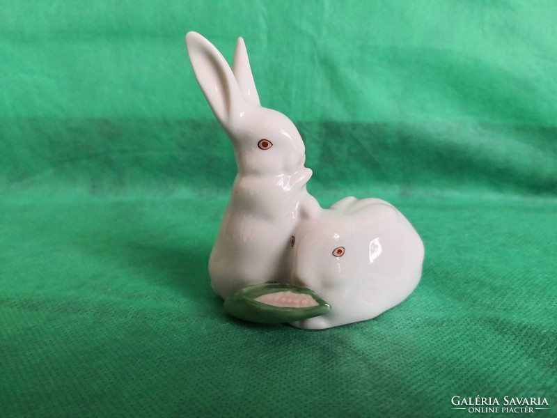 Herend porcelain bunnies, pair of bunnies, eating corn (rabbit)