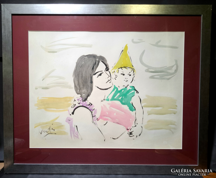 Marcell Vértes (1895-1961): mother with child (color lithograph) parental love, motherhood
