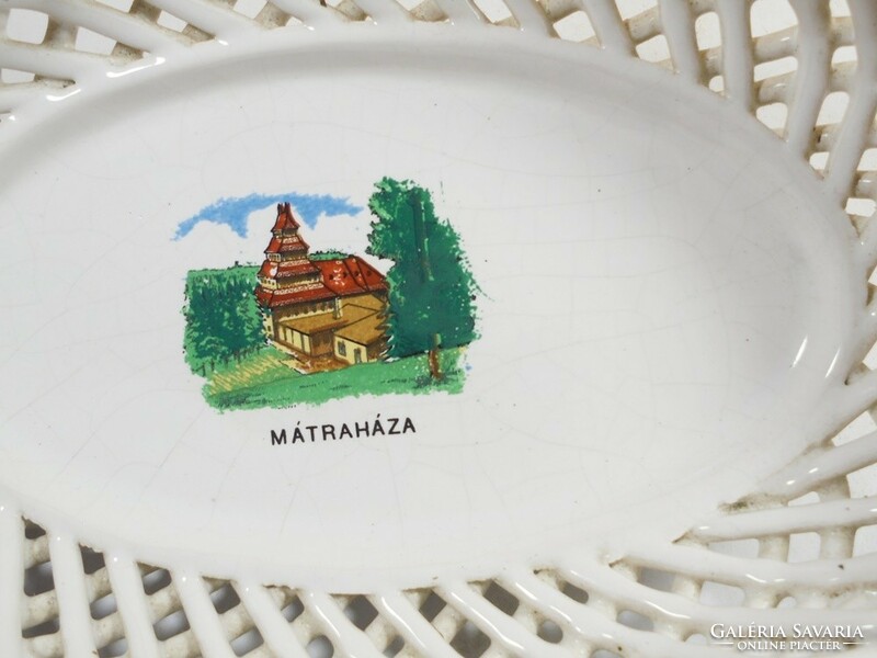 Régi Retro jelzett Bodrogkeresztúri kerámia tál tányér tálka Mátraháza emlék szuvenír áttört mintás