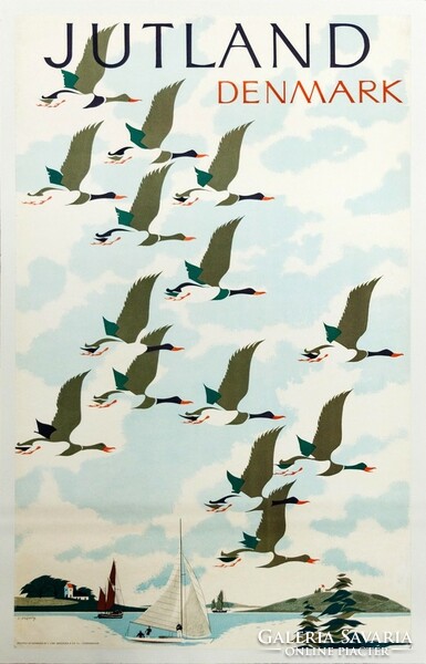 Vintage utazási plakát reprint Dánia Jütland repülő madarak lúd kacsa tengerpart vitorlás sziget