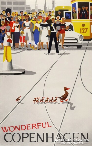 Vintage utazási plakát reprint Dánia Koppenhága városi forgalom kiskacsák kacsa család kedves vicces