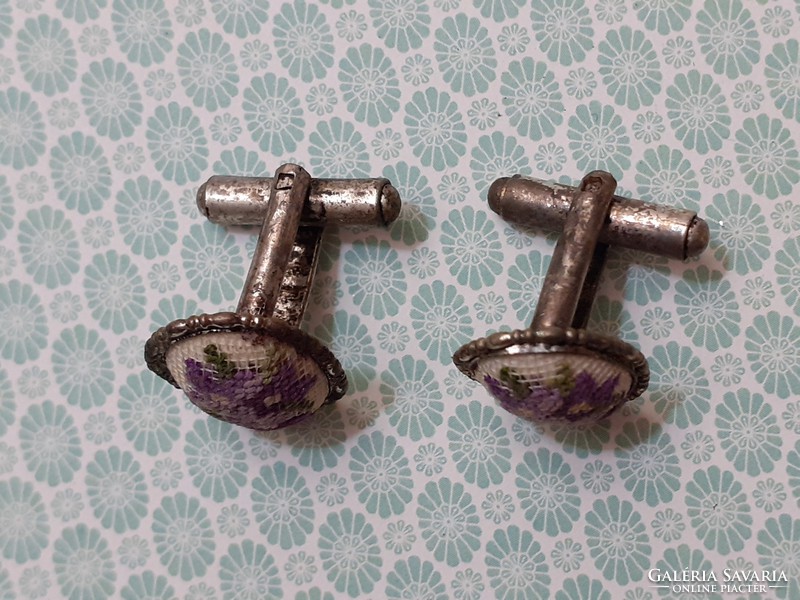 Old women's cufflinks with floral tapestry in violet