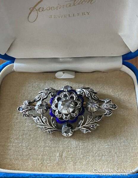 Old 14-karat gold, silver-set rose cut diamonds and blue enameled brooch!