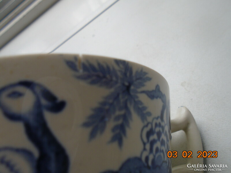 1916 Oriental blue and white peacock, leafy, numbered tea cup from woods&sons with yuan pattern