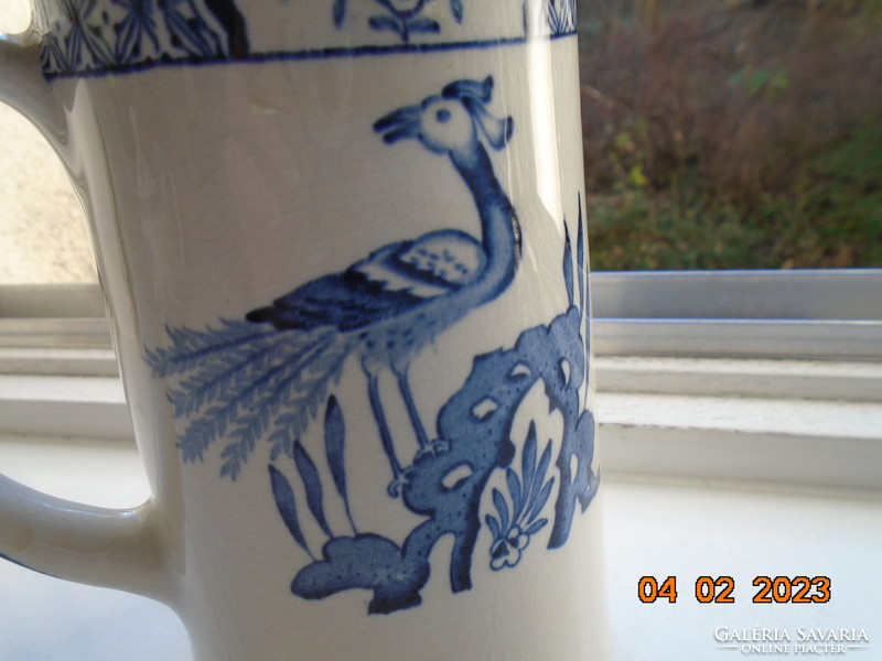 1916 Oriental blue and white peacock leaf numbered jug from woods&sons with yuan pattern