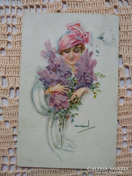Antique graphic art card/postcard, bouquet of flowers, organ, elegant lady 1918