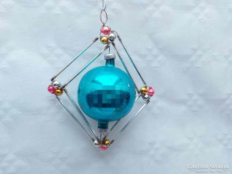 Old glass Christmas tree ornament square blue glass ornament