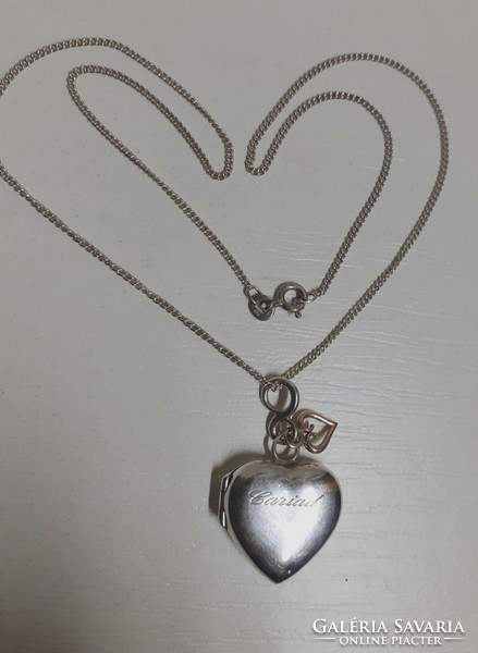 Marked silver necklace with silver cariad opening heart and soldered gold heart pendant