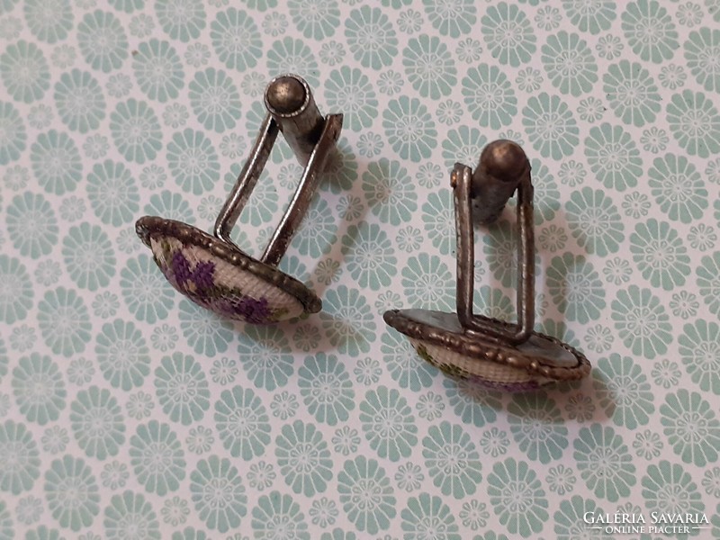 Old women's cufflinks with floral tapestry in violet