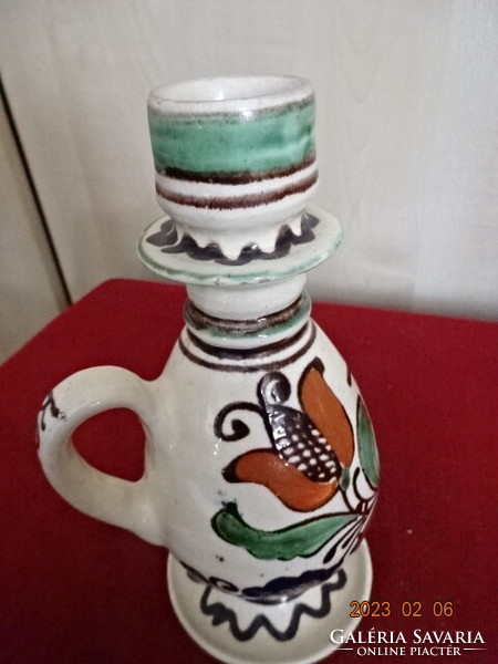 Korondi glazed ceramic candle holder, hand painted, height 19 cm. Jokai.