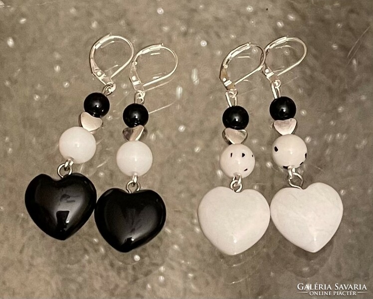 Black and white onyx mineral earrings in a pair with mineral heart charms