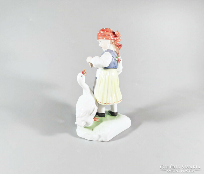 Herend, little girl feeding geese, hand-painted porcelain figure, flawless! (I217)