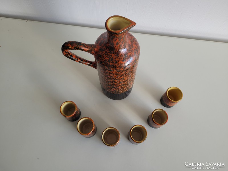 Retro Tófej régi kerámia kancsó kiöntő korsó és 6 pohár mid century italos készlet