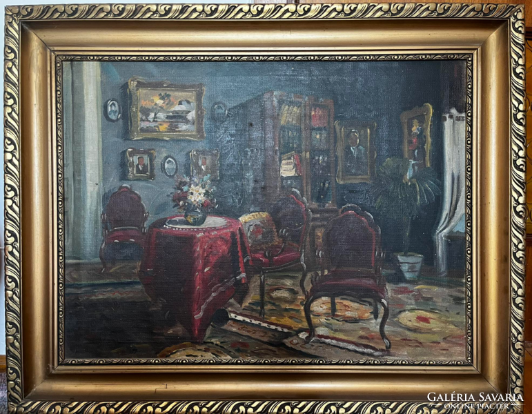 Large antique oil painting, interior