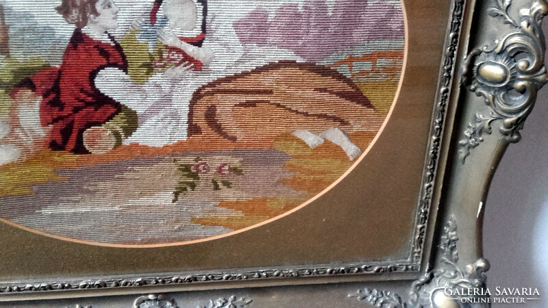 Courting - antique needle tapestry in openwork blondel frame -70 x 60