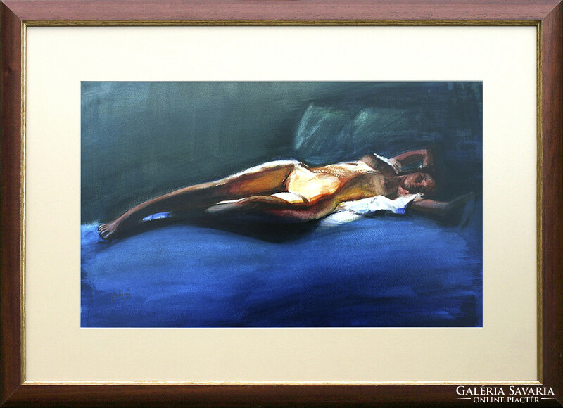 László Gulyás: Reclining nude - Framed 48x68 cm - artwork 30x50 cm - 1810/151