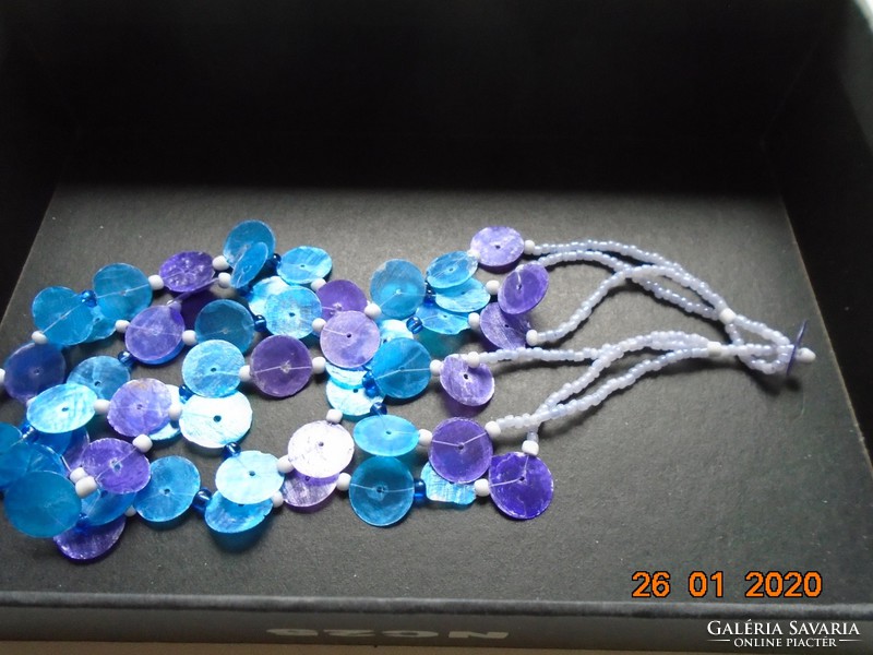 Mother-of-pearl necklace of 3 rows of turquoise and purple thin discs