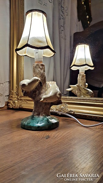 Old, bird-like, glazed ceramic table lamp, assembled, with shade, complete. (6.)