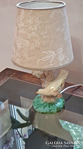 Old, bird-like, glazed ceramic table lamp, assembled, with shade, complete. (3.)