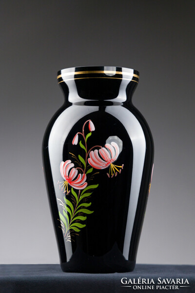 Glass vase, black, with hand-painted flowers