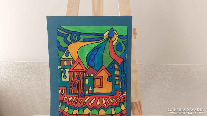 (K) abstract houses painting, with very good colors, on the back (unfolded) graphic with 33x43 cm frame