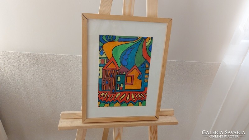 (K) abstract houses painting, with very good colors, on the back (unfolded) graphic with 33x43 cm frame